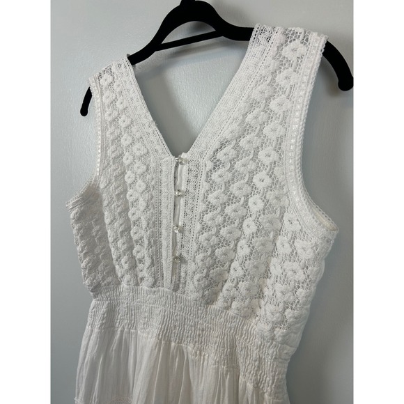 Nation AK Boho Crochet Lace Maxi Dress Medium Beach Wedding White Smocked Resort - Picture 3 of 9